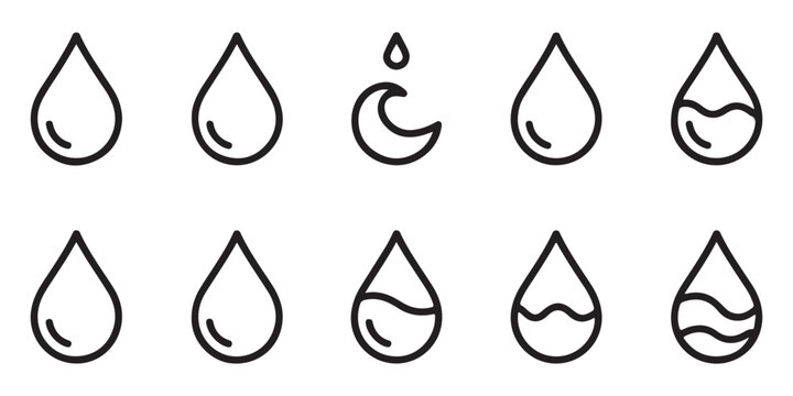 Water drop outline icons set for nature weather forecast and liquid purity concepts isolated symbols.