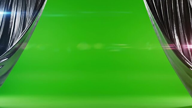 Shiny black curtains parting to reveal a bright green screen, creating an ambiance of anticipation and drama with soft lighting and sparkling