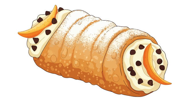 Traditional Italian Cannoli with Ricotta Cream, Chocolate Chips, and Candied Orange Peel Vector Illustration Isolated on White Background