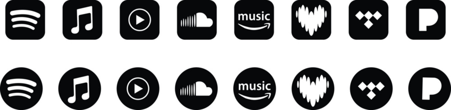 Popular Music Streaming Service Icons Set in Black Circle and Square Shapes