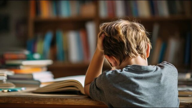 Frustrated boy with learning difficulties struggles with homework while sitting at a desk