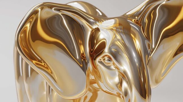 Liquid light morphs into an abstract spiritual figure with a gentle elephant-inspired shape, smooth transitions, reflective gold and amber tones, in a minimal, serene environment.