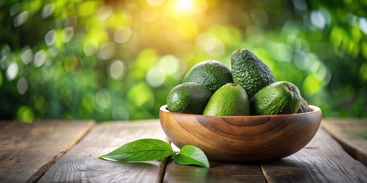 A rustic wooden bowl overflowing with ripe avocados, nestled on a weathered wooden table against a sun-dappled natural backdrop