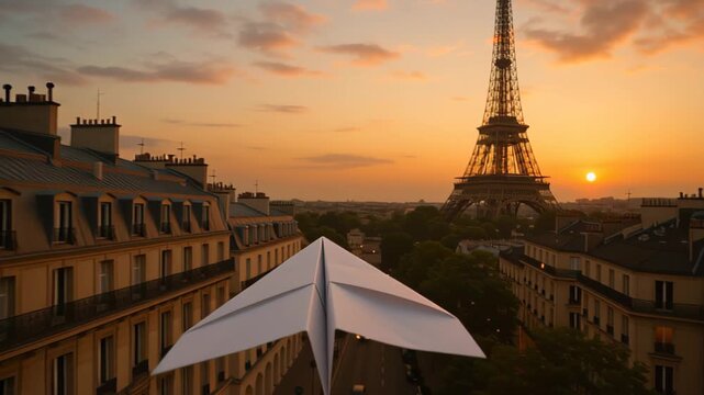 Cinematic footage of a white paper airplane gliding above Parisian rooftops toward the Eiffel Tower at golden hour, with warm sunset sky and city street below