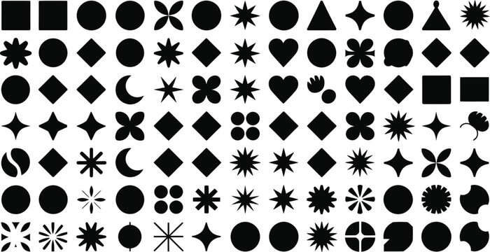 Collection of black minimalist geometric shapes including stars circles hearts squares and sparkles isolated on a white background for graphic design.