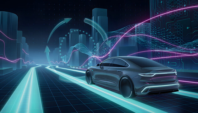 A futuristic driverless car navigates through a virtual cityscape at night with glowing lines.