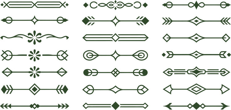 Decorative green divider set with vintage calligraphic ornaments elegant line art borders and geometric decorative elements for page design and invitation.
