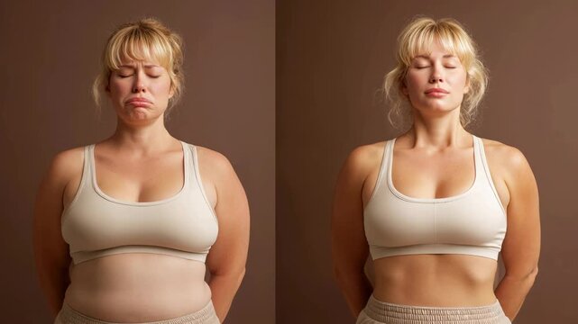 Woman showing body transformation before and after fitness or weight loss. Neutral background highlights progress, health, discipline and wellness for lifestyle and sport concepts.