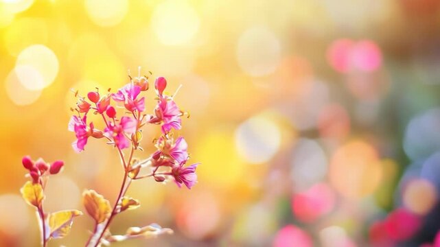 Pink wild flower blooming in sun Drenched garden with bright bokeh. Summer nature background with vibrant color.
