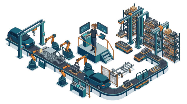 Modern Car Manufacturing Assembly Line with Robotic Arms, Automated Guided Vehicles, and Smart Warehouse Systems in an Isometric View