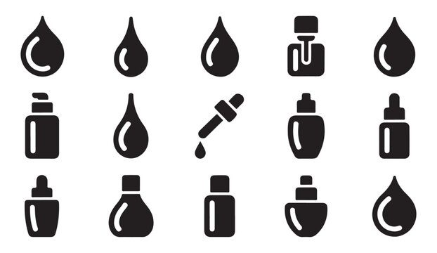 Set of 15 vector black and white liquid drop icons on transparent background for your design.