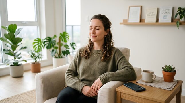 Woman doing digital detox, placing smartphone aside and closing eyes, calm expression, clean modern background