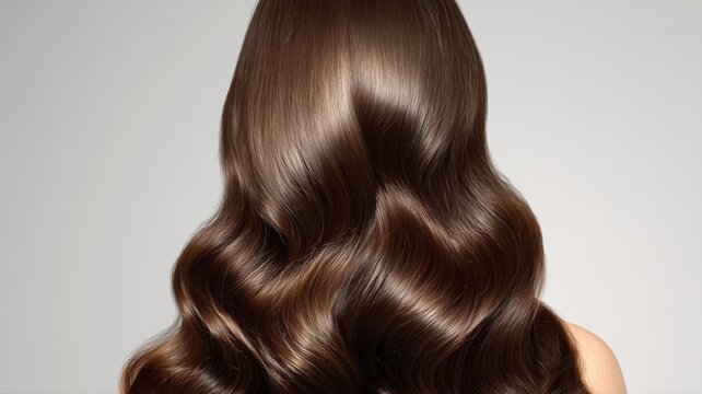 光沢のある茶色の髪が美しくウェーブしている後ろ姿。ヘアケアや美容関連の広告や記事に最適なイメージ素材