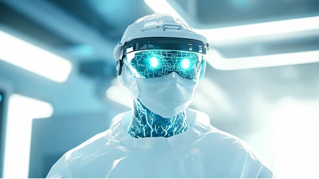 Visored robot in tech lab. A robot with a visor stands in a tech lab while electric circuits light up its body.