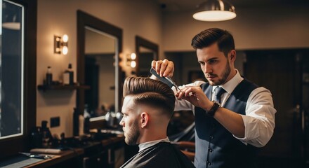 Obraz premium A professional male barber meticulously cutting a client's hair in a stylish, vintage-inspired barbershop.