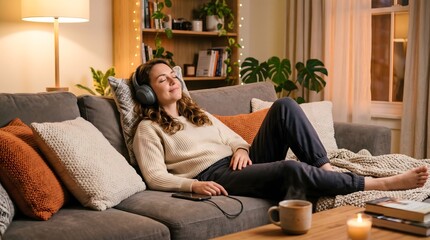 Obraz premium Woman relaxing on couch with eyes closed and headphones, listening to music, soft lighting, cozy home environment, stress relief concept