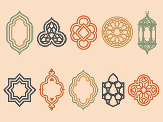 Fototapeta premium Islamic Geometric Ornaments and Frames Set, Minimalist Arabesque Design Elements with Lantern for Ramadan Kareem, Eid Mubarak, and Cultural Backgrounds