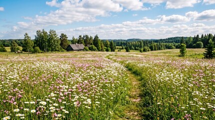 Fototapeta premium meadow in the mountains , Field of Wildflowers in Bloom Nature Landscape