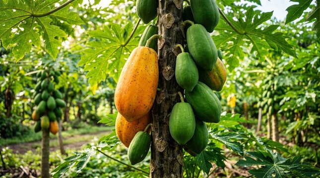 Ripe and unripe papayas hanging from a tree in a tropical orchard, showcasing the vibrant colors of nature and healthy fruit growth