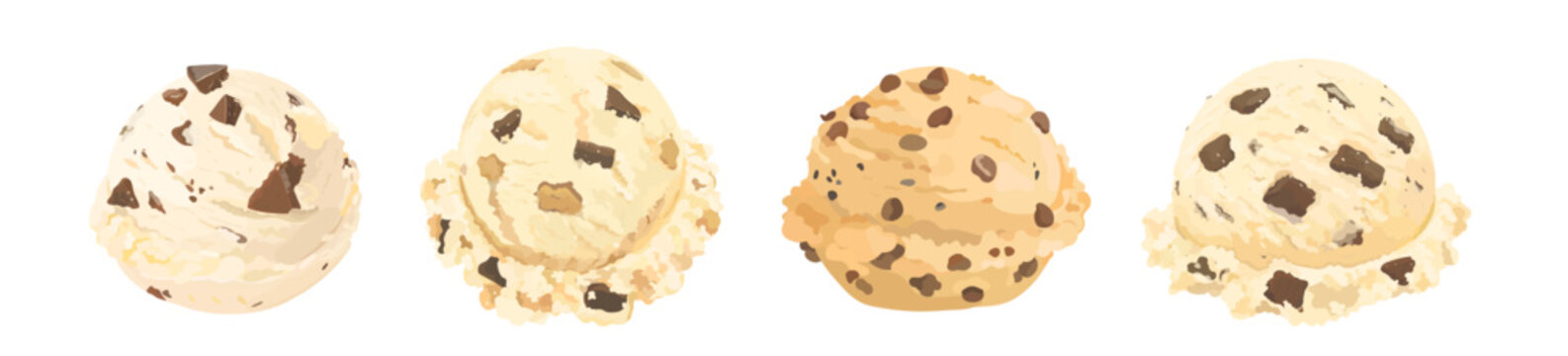 Set of tasty cartoon vanilla, cookie dough ice cream scoop with chocolate chip and nuts. Summer dessert illustration isolated on white. Perfect for menu, packaging and design.
