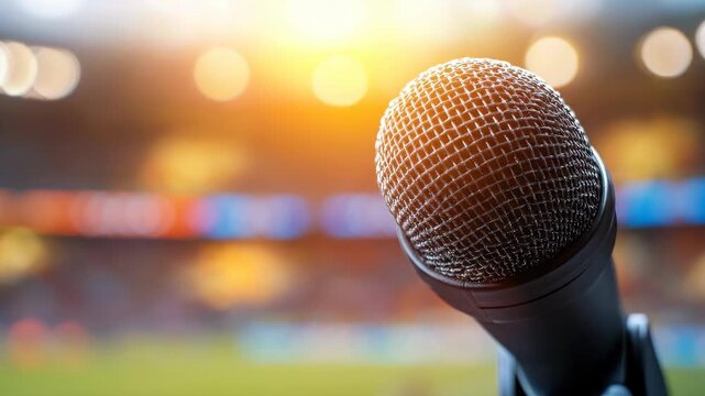 Close up of a microphone on stand against a blurred stadium with lights. Concept of public speaking, sport event, and performance footage.