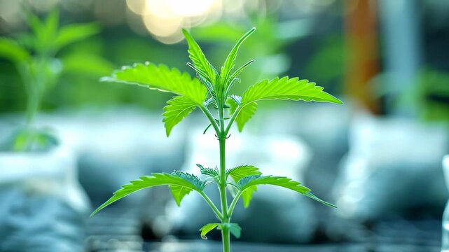 Greenhouse cannabis growth. A young cannabis plant stands in soil inside a greenhouse. Other plants are visible in the background.