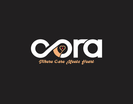 Cora Care Logo with Heart and Hand Symbol Minimal Healthcare Brand Identity on Dark Background