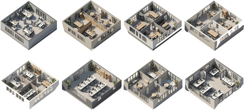 Isometric collection of modern office floor plan layouts featuring 3D architectural interior designs with workstations meeting rooms desks and furniture for corporate workspace planning