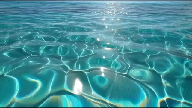 Mesmerizing close-up of crystal clear turquoise water surface, showcasing intricate sunlight caustic patterns and ripples that evoke a refreshing and serene aquatic tranquility