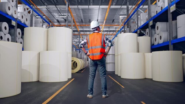 Full Body Back View Of A Male Engineer Wearing Safety Helmet Looking Around While Standing With Arms Akimbo at Warehouse with Rows of Stacked White Polymer and Paper Rolls