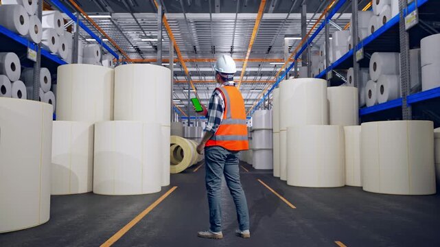 Full Body Back View Of Asian Male Engineer With Safety Helmet Working On A Green Screen Smartphone And Looking Around While Standing at Warehouse with Rows of Stacked White Polymer and Paper Rolls