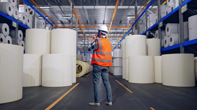 Full Body Back View Of Asian Male Engineer With Safety Helmet Talking On Smartphone While Standing at Warehouse with Rows of Stacked White Polymer and Paper Rolls