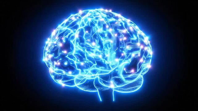 Brain activity with glowing neural network. Digital electrical impulse in human brain. Artificial intelligence and neuron communication concept.