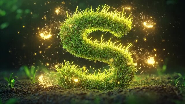 Green grass letter S growing in dark soil with glowing golden particles. Animated garden concept for eco friendly typography.