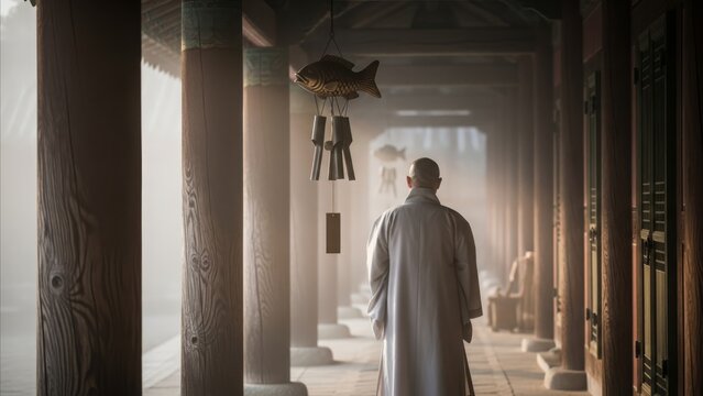 Buddhism - Buddhist Monk Walking Through Misty Temple Corridor With Fish Wind Chime Hanging Above