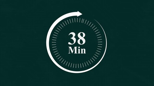 Digital timer animation featuring thirty eight minutes countdown on dark green tech background with circuit board pattern business presentations