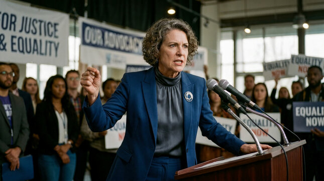 Empowered female leader in blue suit delivers impassioned speech for justice and equality, addressing diverse, engaged audience at public advocacy event with supportive banners.