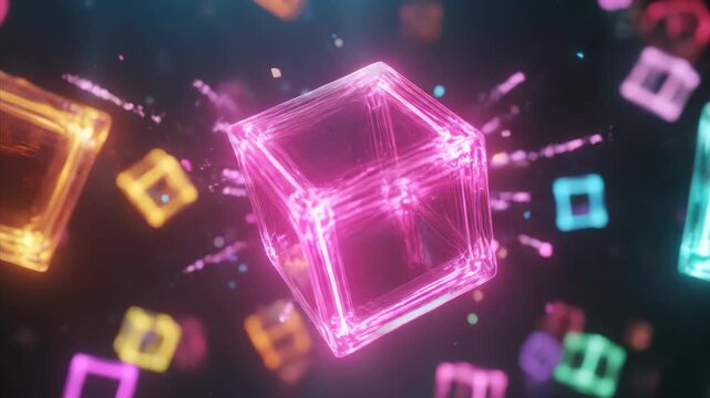 Colorful abstract neon cubic objects moving through dark digital space with glowing particles. Futuristic blockchain data connection.