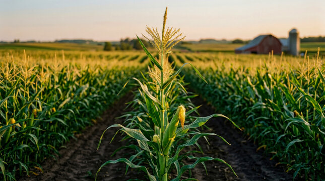 Stunning View of Healthy Cornfield at Golden Hour, Featuring Detailed Corn Stalk in Foreground and Rustic Barn with Silo in Background