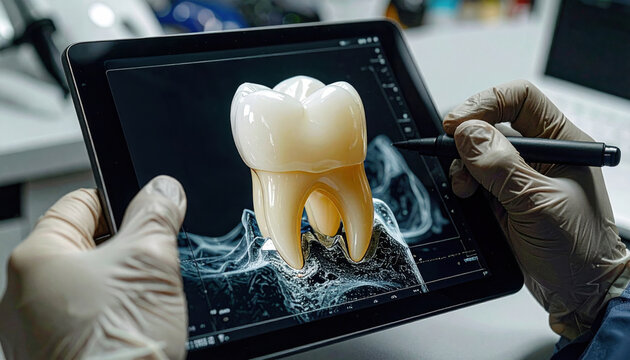 Gloved hands of dentist holding tablet displaying realistic three dimensional model of molar tooth on dark digital screen