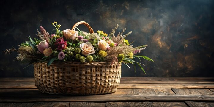 A rustic wicker basket overflowing with a vibrant bouquet of wildflowers, roses, and greenery, rests on a weathered wooden surface against a dark, textured backdrop.