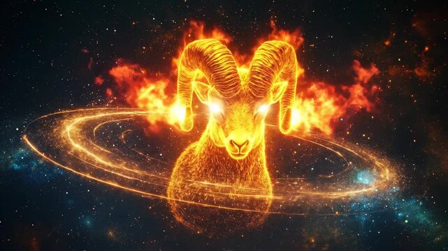 Fiery ram zodiac sign of Aries with glowing eyes and orbiting cosmic rings in a starry space background. Astrology and horoscope concept.