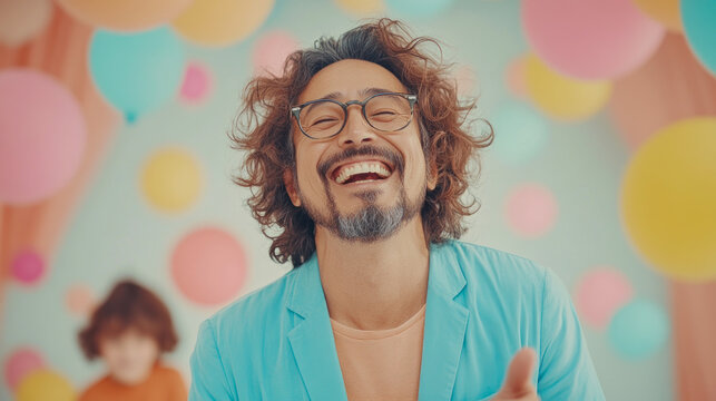 Joyful man with curly hair and glasses, wearing light blue blazer and peach t-shirt, gives thumbs up in front of pastel-colored balloon-filled backdrop with child blurred in background, conveying happ