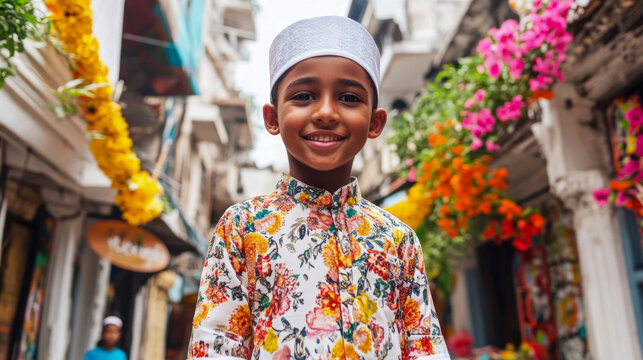 Bright-eyed young boy, adorned in colorful floral shirt and white kufi, radiating happiness amidst charming, flower-decorated street scene, celebrating culture and innocence