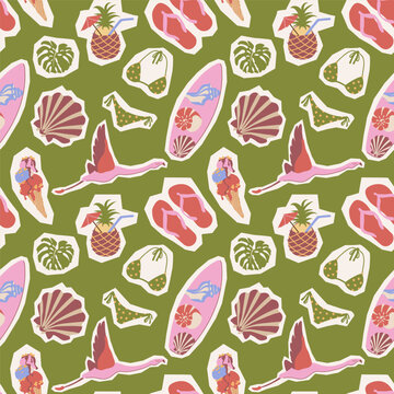 A tropical seamless pattern with a paper cut-out effect on a green background. Features flamingo, surfboard, bikini, pineapple cocktail, flip flops, and seashell.