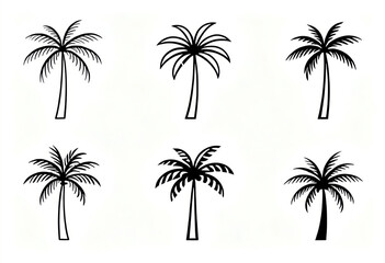 Fototapeta premium Ultra-clean palm tree silhouettes with thin-to-thick stroke variation, elegant proportions, slightly abstract shapes, evenly spaced icons, white background.