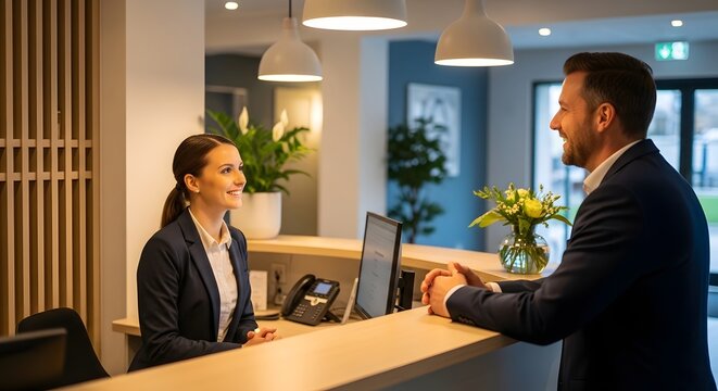 Receptionist assisting a customer at a modern office reception desk