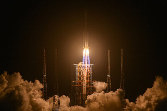 Real shot of carrier rocket launching moment at Wenchang Satellite Launch Center, Hainan, China