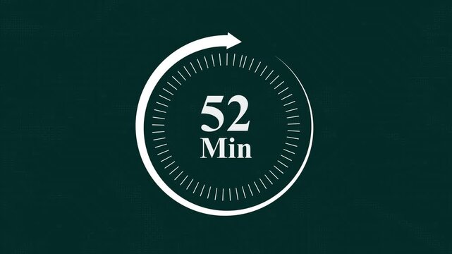 Fifty two minute countdown timer digital clock interface with circular progress bar animation for time management productivity tracking and