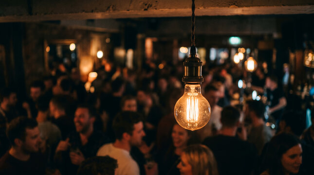 Crowded bar scene with people socializing under hanging lights concept of catering  